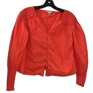 A New Day Womens Orange Smocked Long Sleeve Button-Up Blouse M 100% Cotton